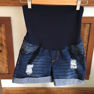 Distressed look maternity jean shorts